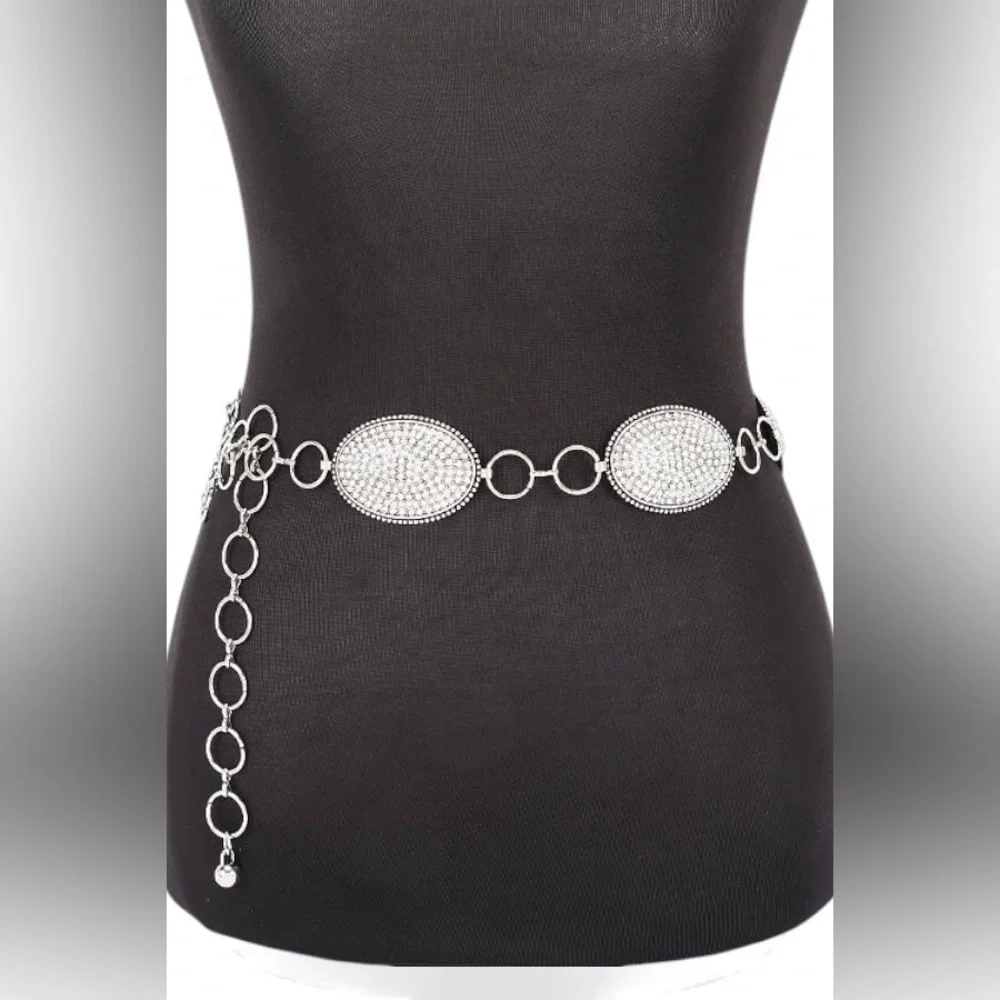 Gold Rhinestone Paved Concho Chain Statement Belt
